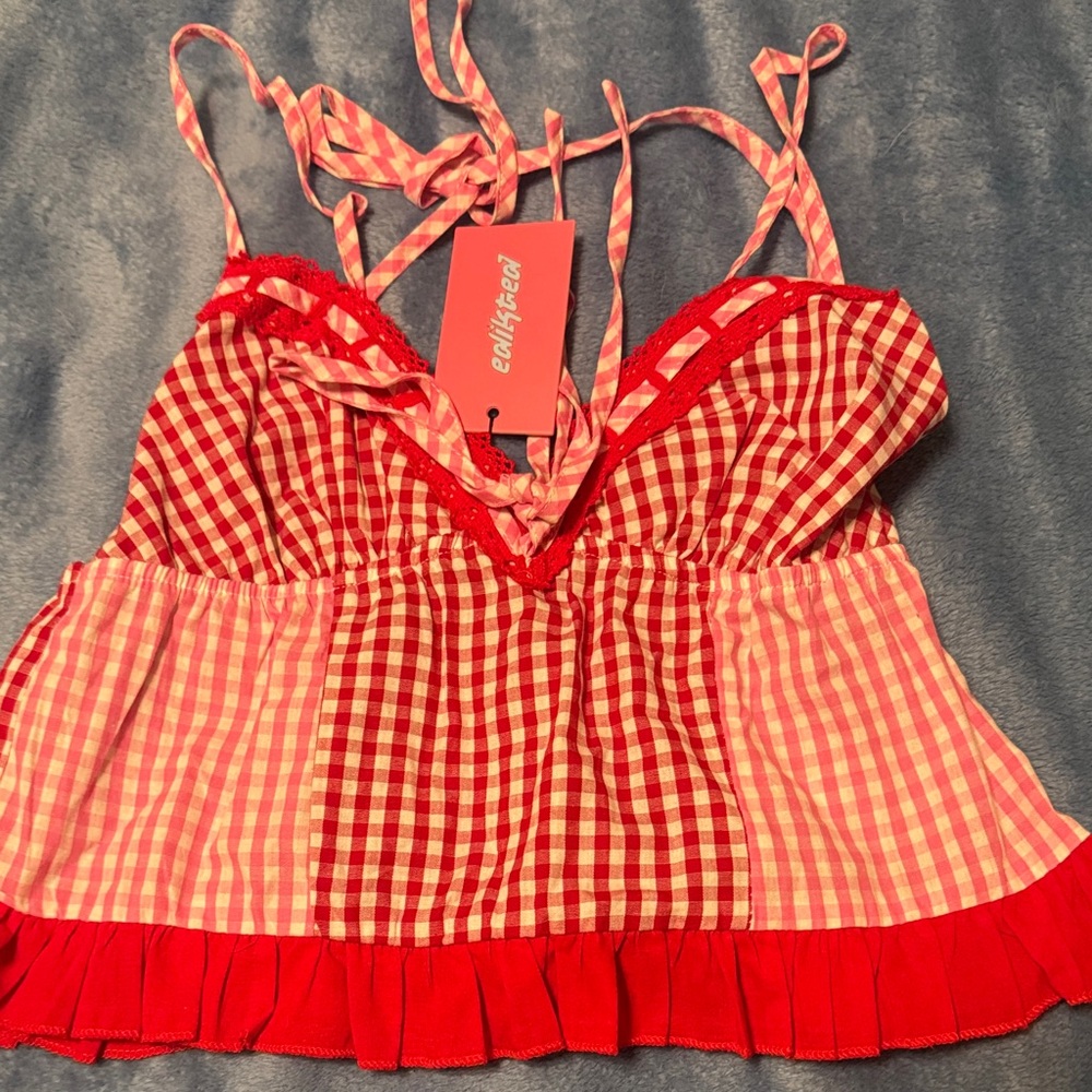 Edikted Red and Pink white Gingham Lace Top NWT extra small CA new with tags